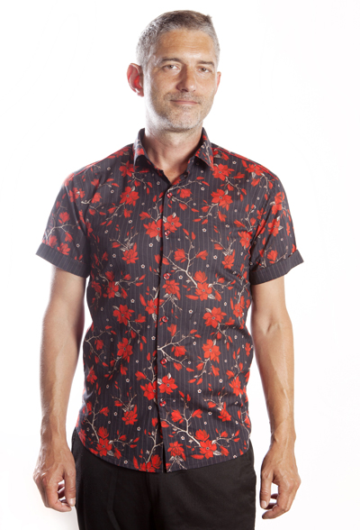 Baïsap - Camisa negra Flores Rojas manga corta - Camisa negra y roja hombre