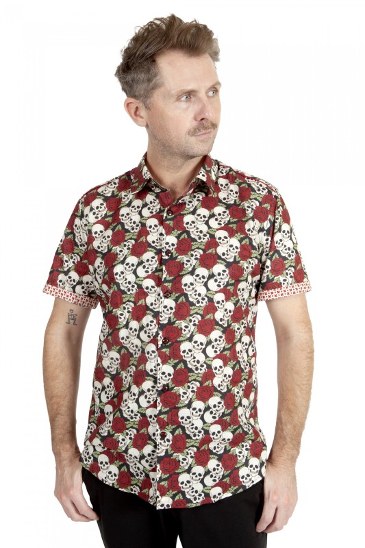 Baïsap - Tatoo dress shirt short sleeve - Skull Roses - Floral skull shirt vintage style for men 