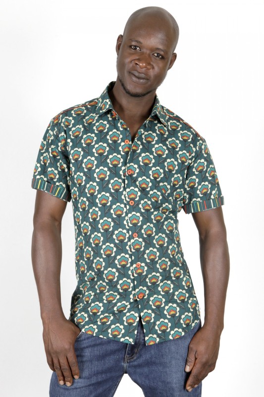 Baïsap - Kurzarmhemd Blumen - Retro - Herren Hemd blau kurzarm 